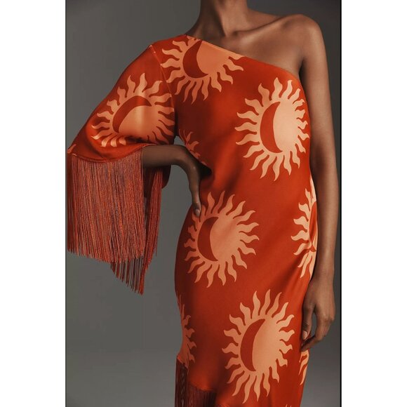 Farm Rio x Anthropologie One-Shoulder Fringe Dress Sun Crescent Moon Orange XS - Picture 2 of 16